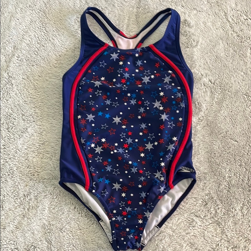 Speedo Girls  Swim Star-Patterned Swimsuit - Red White Blue  SZ 12